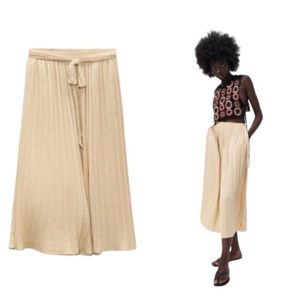 ZARA Pleated Cropped Trousers Plisse Beige Wide Leg High Waist Tie Detail XS